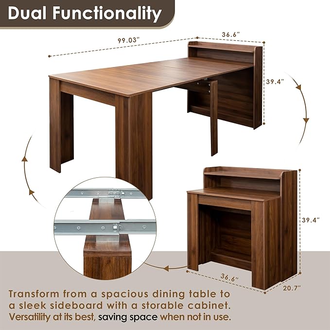 DMAITH 20"-99" Extendable Dining Table with Storage for 2-10 People, Modern Modular Extension Table, Space-Saving Extra Long Folding Dining Table, Multifunctional Conference Meeting Table, Walnut