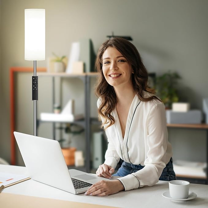 Ambimall 66'' Floor Lamps for Living Room with Remote Control and Stepless Dimmable Colors Temperature & Brightness, 9W Bulb Included(White Lampshade & Silver Pole)