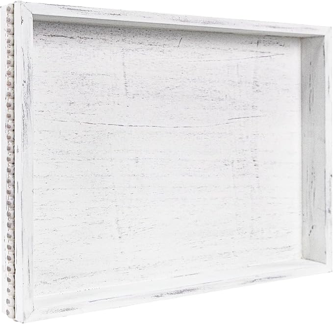Wooden Decorative Tray, Rectangular Serving Tray with Wood Bead, Farmhouse Big Tray for Ottoman, Countertop, Coffee Tabl, 16.5" x 13"x 1.6" (Retro White)