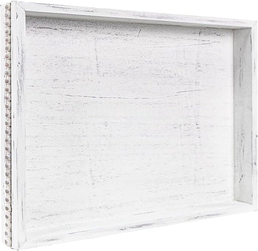 Wooden Decorative Tray, Rectangular Serving Tray with Wood Bead, Farmhouse Big Tray for Ottoman, Countertop, Coffee Tabl, 16.5" x 13"x 1.6" (Retro White)