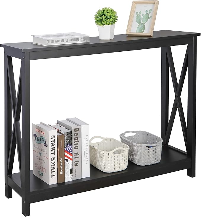 ZenStyle Sofa Side Console Table with 2 Storage Shelves Narrow Accent Table for Entryway/Hallway/Living Room, 39.3in L x 11.8in W x 31.6in H, Black