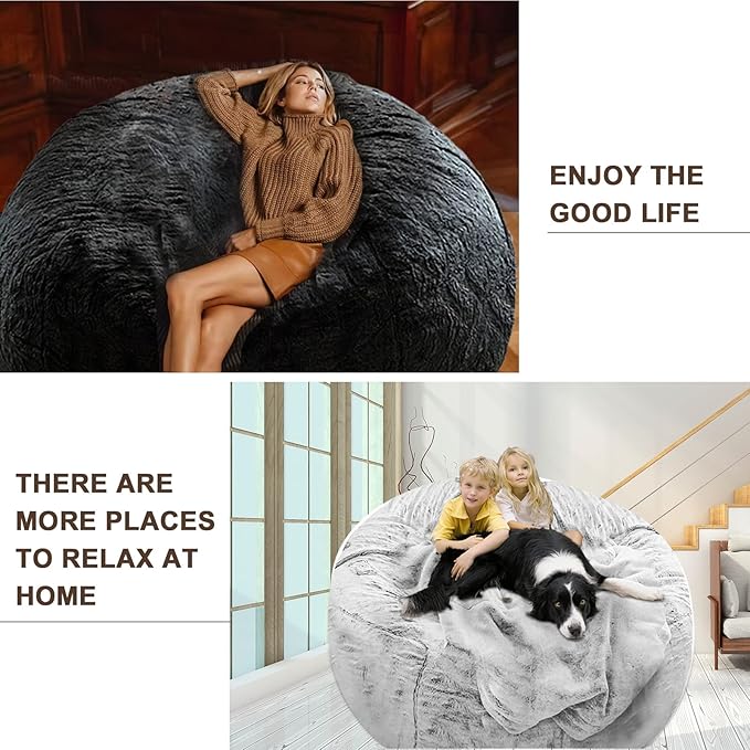 (No Filler Bean Bag Chair Cover Without Filler,Big Round Soft Fluffy PV Velvet Washable Bean Bag Lazy Sofa Bed Cover for Adults,Living Room Bedroom Furniture Outside,6ft Snow Grey