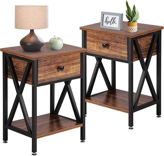 VECELO Nightstands Set of 2, Modern Bedside End Tables, Night Stands with Drawer and Storage Shelf for Living Room Bedroom, Industrial Metal Frame