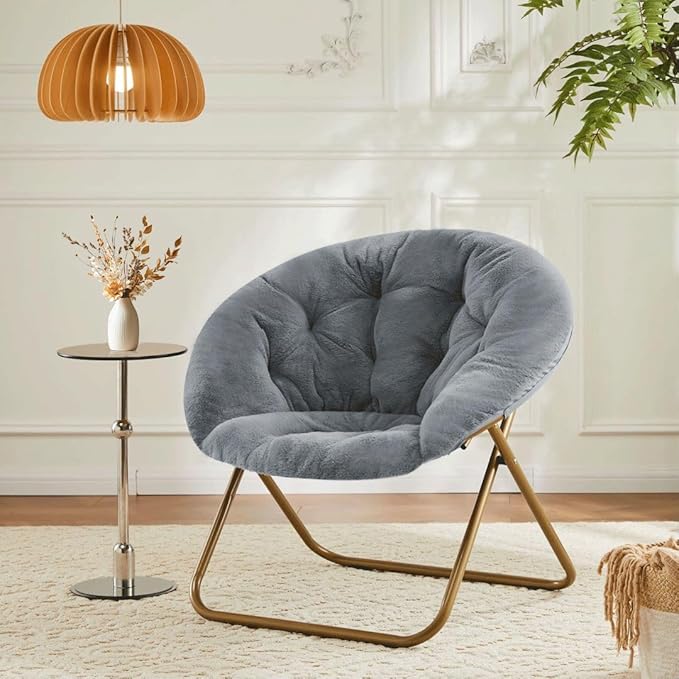 Comfortable Cozy Faux Fur Disc Chair Foldable Feature for Bedroom, Living Room and Dorm, Adult-Sized Relaxation, Grey