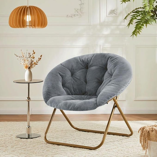 Comfortable Cozy Faux Fur Disc Chair Foldable Feature for Bedroom, Living Room and Dorm, Adult-Sized Relaxation, Grey