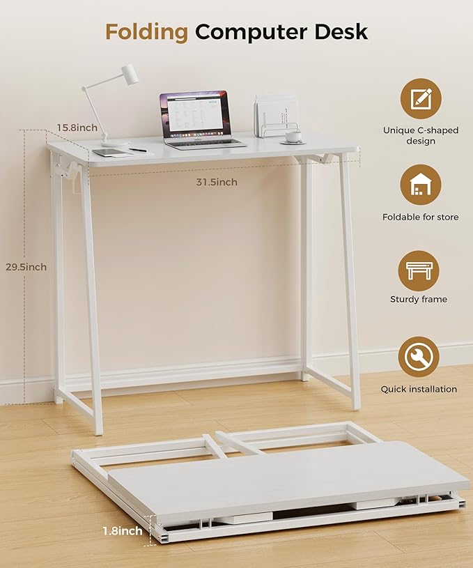 Folding Desk Small Foldable Desk for Small Space, 31.5 Inches Writing Computer Desks in Study, Home Office Foldable Office Desks for Bedroom, White
