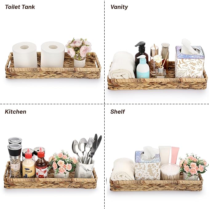 Sumnacon Bathroom Tray for Counter 16.9 Inch Water Hyacinth Bathroom Tray Over Toilet,Wicker Toilet Tank Tray Organizer Decorative Tray for Bathroom Toilet Vainty Kitchen Shelf Dining Table Desk