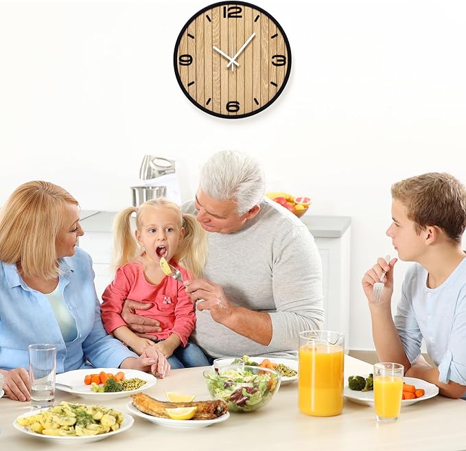 10 Inch Round Wall Clock Battery Operated Wooden, Non-Ticking Quartz Decorative Analog Clocks for Apartment, Living Room, Bedroom, Hallway, Classroom - Easy to Install & Read