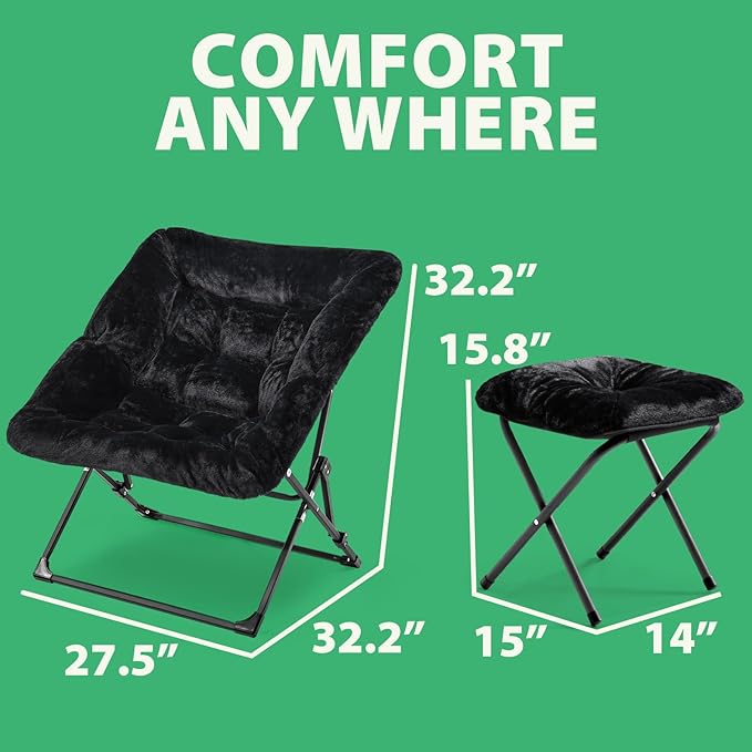 OAKHAM Comfy Chair for Adults, Soft Faux Fur Folding Lounge for Bedroom Living Room Dorm Rooms Flexible Reading Chair for Teens Kids, X-Large Foldable (Ottoman-Black)