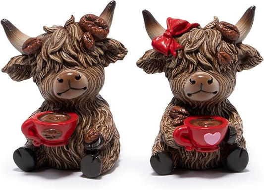 Hodao Christmas Highland Cow Coffee Resin Figurines,Xmas Farmhouse Decor for Tiered Tray, Tabletop, Mantel, Gift for Xmas Home Decoration