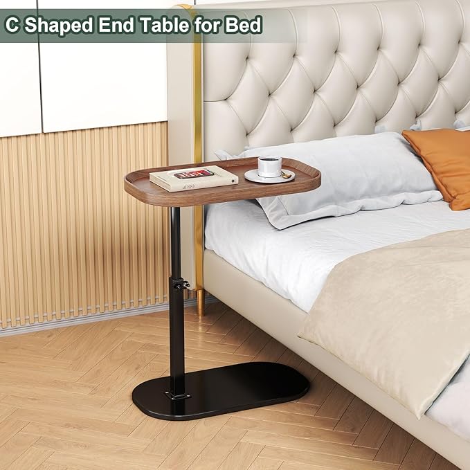 C Shaped Side Table Adjustable Height, 360°Swivel C Shaped End Table, Couch Side Tables That Slide Under, Small Coffee C Table End Table for Sofa/Bed/Bathtub, Rotating Elevate Tabletop (Wood)