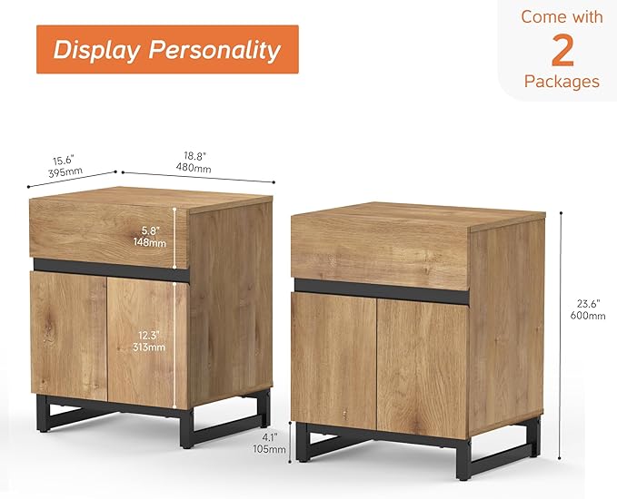 WAMPAT 2 Pack Modern End Table with 1 Drawer & 1 Storage Cabinet, Farmhouse Sofa Table with 2 Open Door, Wood Rustic Side End Table for Living Room, Nighstand for Bedroom, Oak