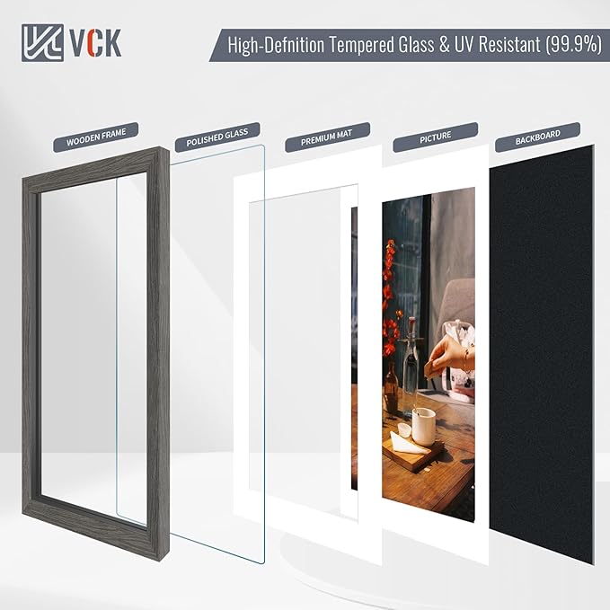 VCK 8x10 Picture Frame 2 Pack - Grey, High-End Wood Poster Frames with Tempered Glass, Display 5x7 Photo with Mat or 8x10 without Mat, Art Gallery-Quality, Wall Hanging/Tabletop, Grey