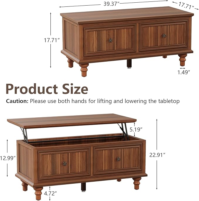 Lift Top Coffee Table for Hidden Compartment, 39" Wood Rectangular Center Table with Lift Tabletop, Sturdy Space-Saving Dining Table for Living Room Home Office Small Space (Walnut)