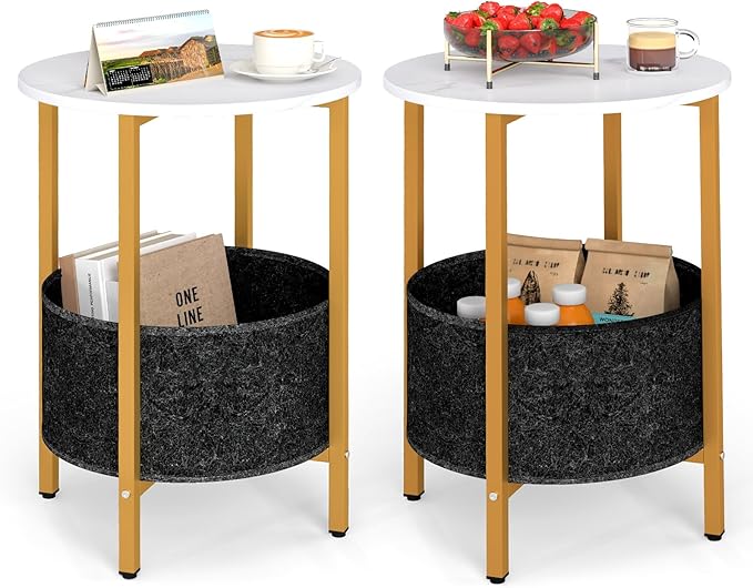 Giantex Round End Table Set of 2, Small Side Tables w/Removable Fabric Basket, Modern Bedside Tables w/Metal Frame, Sofa Couch Accent Tables for Small Space Living Room, Nightstand for Bedroom