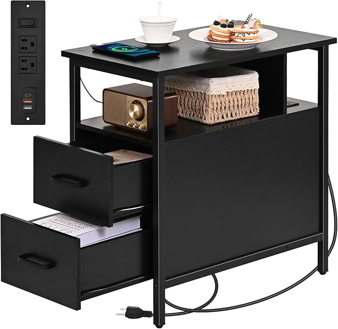 Livofloral Black Side Tables, End Table with Charging Station, Narrow End Table with 2 Wooden Drawers, USB Ports and Power Outlets, Slim Nightstand and Bedside Table, End Tables Living Room, Bedroom