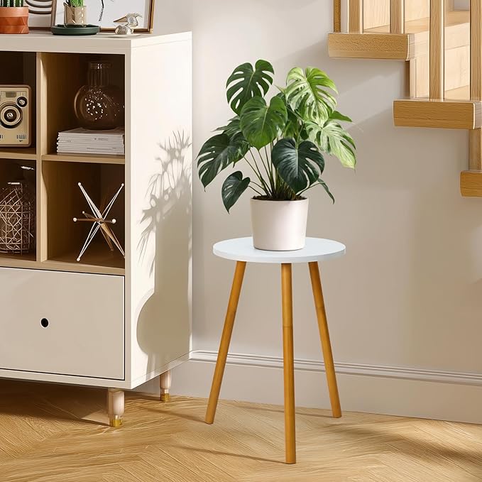 Tall Plant Stand Indoor, Mid Century Wood White Flower Stand for Corner, Metal Plant Holder, Modern Home Decor Small Round Side End Table (11.8"x20")