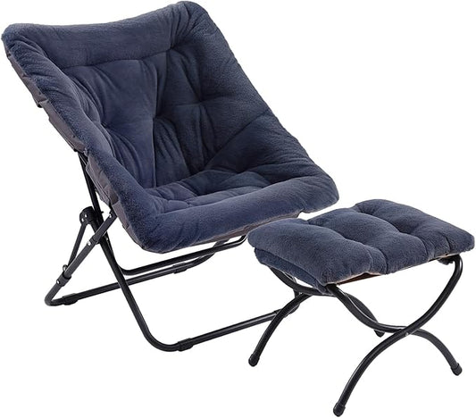 Comfy Folded Chair with Ottoman, Oversized Folding Faux Fur Chair Soft Furry Lounge Lazy Chair with Metal Frame Moon Chair Accent Chair for Bedroom, Living Room, Dorm Rooms