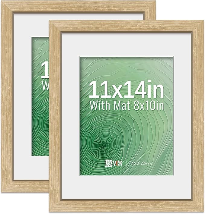 VCK 11x14 Picture Frame 2 Pack - Natural Oak, High-End Wood Poster Frames with Tempered Glass, Display 8x10 Photo with Mat or 11x14 without Mat, Art Gallery-Quality, Wall Hanging, Natural Oak