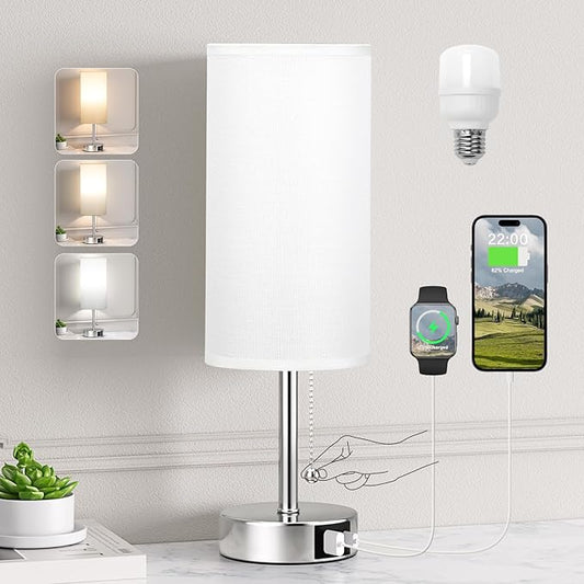 White Table Lamp for Bedroom Nightstand - Small Lamp with USB A + C Charging Port, 3 Color Temperatures Pull Chain Night Stand Light, Silver Base Desk Reading Lamp for Living Room
