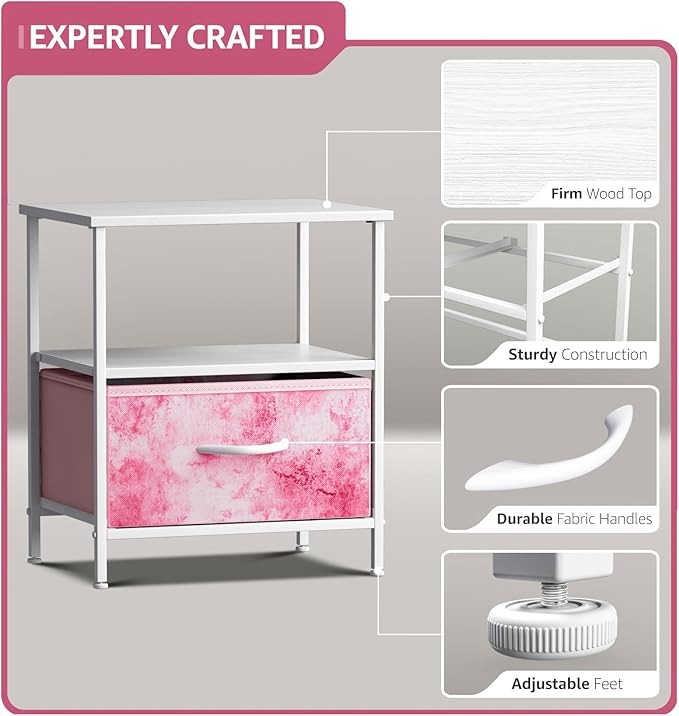 Sorbus 1 Drawer Shelf Storage Nightstand - Kids Bedside Furniture End Table Night Stand with Steel Frame Wood Top & Easy Pull Fabric Bins. Dresser & Chest for Home Bedroom Accessories Office & College