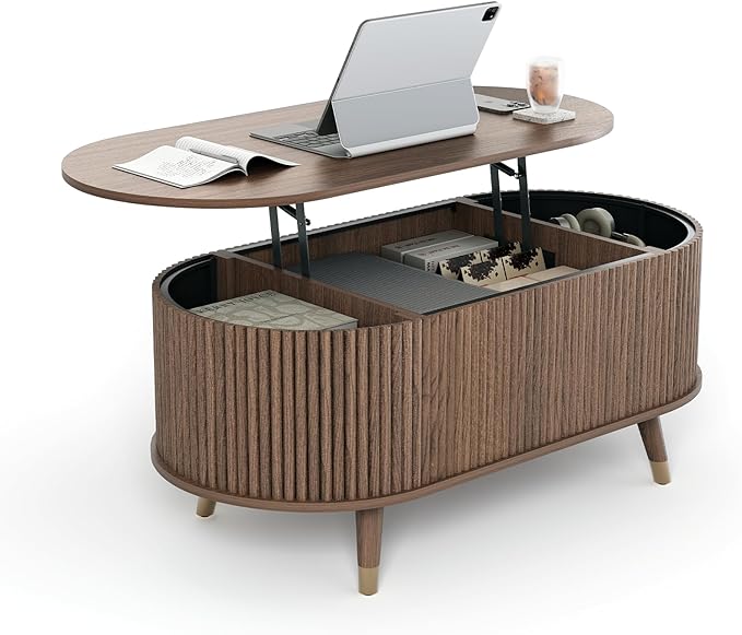 Oval Coffee Table with Storage,42.5” Fluted Coffee Table with Lifting Top & Solid Wood Legs,Modern Lift Up Center Table for Living Room,Home Office,Walnut