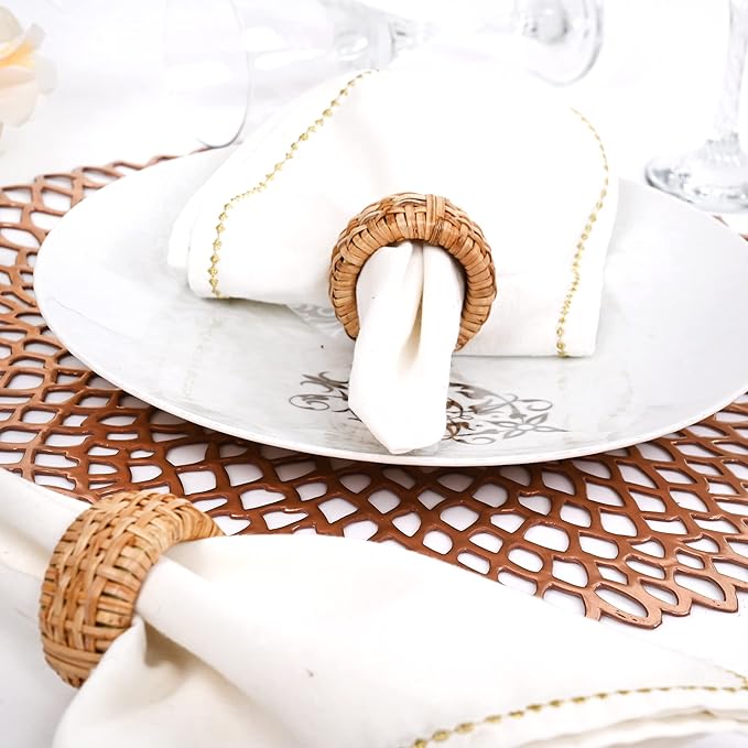Boho Chic Dining décor Set of 12 - Handmade Napkin Rings Rustic Woven Rattan Napkin Holders for Dining Table, Weddings, Parties, Holiday Gatherings, and Everyday Use (Natural) - ALPHA Living HOME