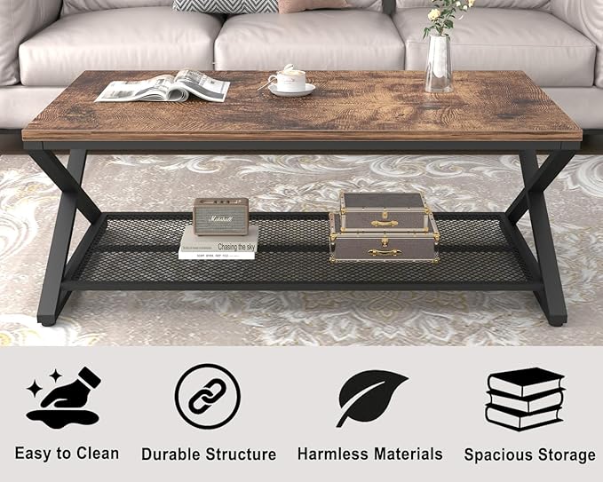 LVB Rustic Coffee Table with Storage, Industrial Wood Metal 2 Tier Center Living Room Table with Mesh Shelf, Farmhouse Wooden Low Rectangle Cocktail Tea Table for Office Bedroom, 47 inch, Rustic Brown