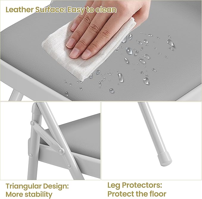 4 Pack Folding Chairs with PU Leather Padded Cushion, 350Lbs Capacity, Lightweight Ergonomic Design, Metal Frame, Indoor Outdoor Portable Stackable Seats for Home Office Party Events,Gray