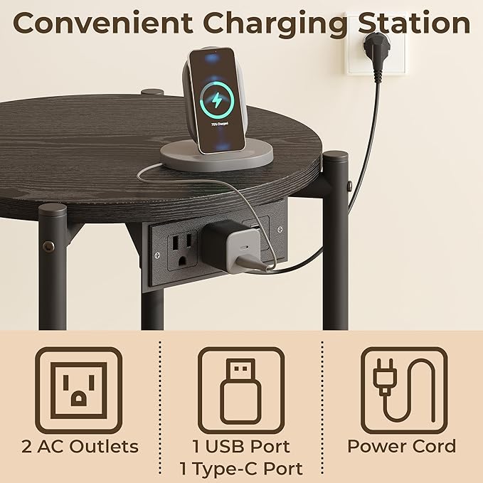 LIKIMIO 15.8" W Small Round Side Table with Charging Station, 2-Tier End Table with Lower Shelf, Wooden Nightstand for Small Spaces, Living Room, Bedroom, Black