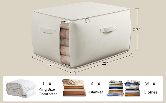 Large Canvas Clothes Storage Bags with Thick Handles and Clear Window, Foldable Cotton Linen Underbed Closet Organizer for Clothing, Blankets and Bedding, 60L, 4 Pack, Beige