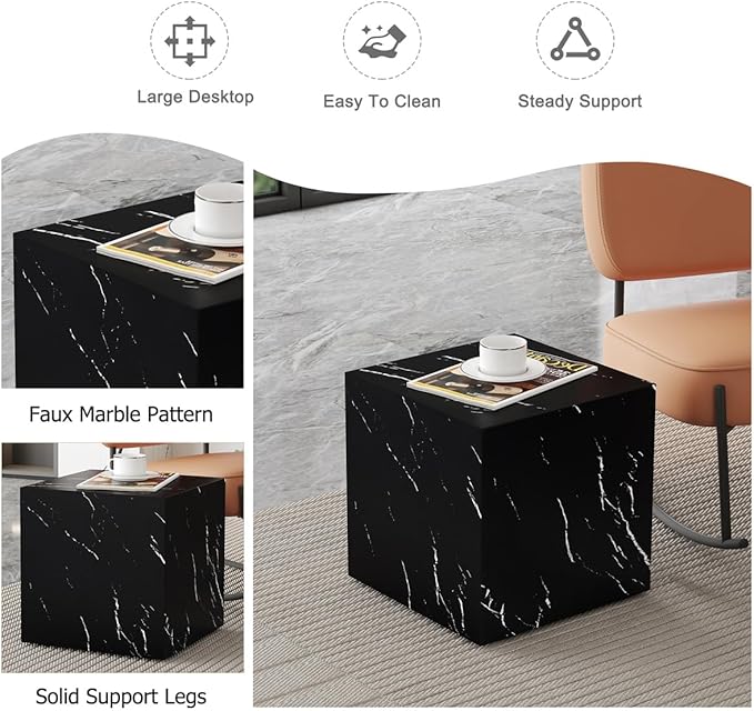 Coffee Table Set for 3, Living Room Table Set, Black Faux Marble Coffee Table and Side Table, Modern Coffee Table Set, Center Table Set, No Assembly Required - Ready to Use