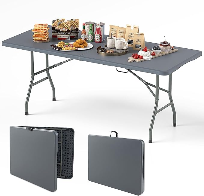 Goplus 6ft Plastic Folding Table, 350 LBS Outdoor Heavy Duty Folding Tables with HDPE Tabletop, Handle, Lock, Foldable Rectangle Portable Utility Card Table for Picnic, Party, Camping, Dining