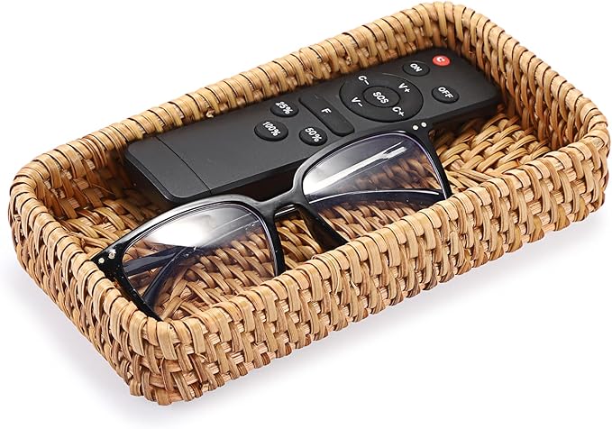 BTSKY Small Remote Basket for Coffee Table Entryway Living Room Rattan Serving Tray 8.3” x 4.7” Handwoven Wicker Baskets Decorative Tray for Wallet Remote Control Trinkets Rings Cosmetics Crackers