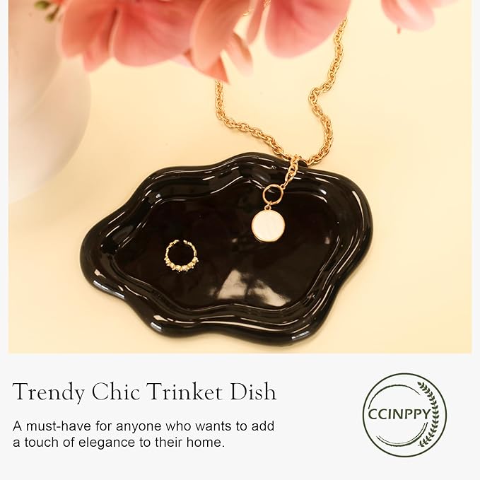 Ceramic Jewelry Tray Trinket Dish, Decorative Cloud Vanity Key Tray for Women, Ring Holder Dish, Cute Jewelry Plate Bowl Room Decor Aesthetic, Black, Large