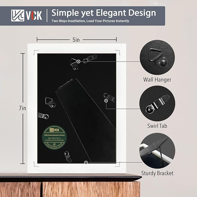 VCK 5x7 White Picture Frame, Wooden Frames Set of 2 with HD Glass, For 4x6 Photos with Mat or 5x7 without Mat, Table Display and Wall Hanging
