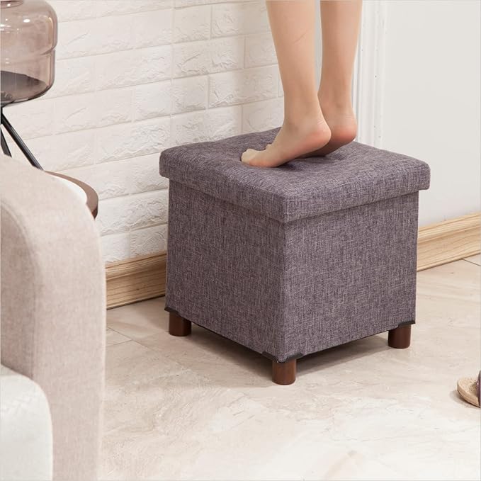 15 Inch Storage Ottoman with Wooden Legs - Cube Foot Rest Stool, Square Footstool, Comfortable Seat with Lid, Foldable Fabric Ottoman, Space-Saving Grey