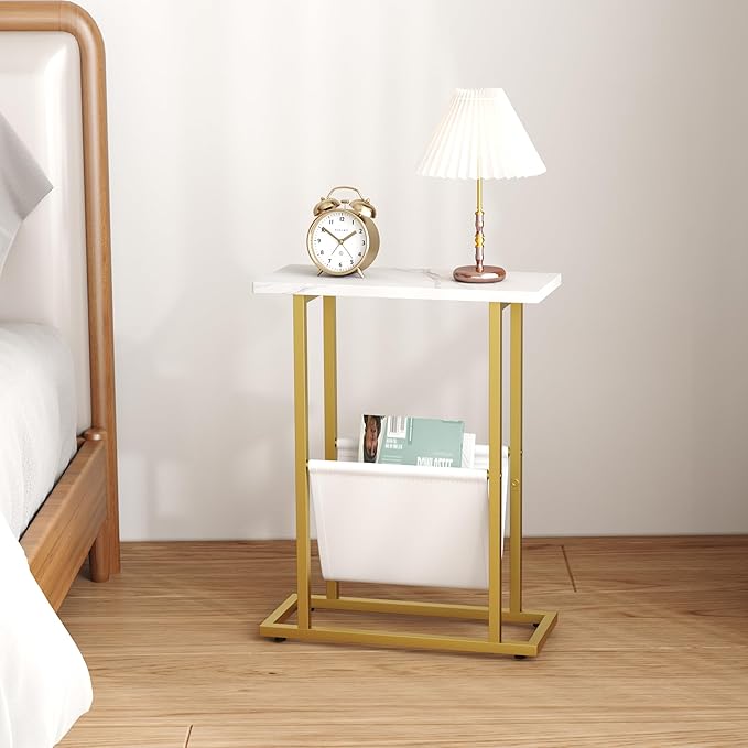 Yusong Narrow Side Table for Small Spaces, Small End Table with Magazine Holder, Skinny Slim Little Thin Table for Living Room, Bedroom, Sofa, White and Gold
