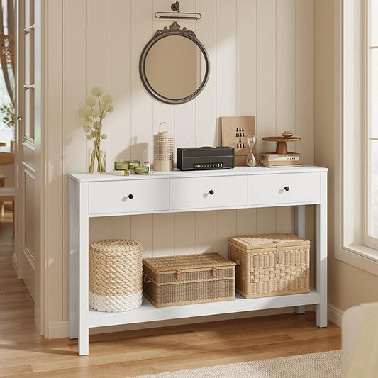 Gizoon Sofa Table with Drawers, Modern Accent Console Table with Open Shelf, Large Storage Space, for Living Room, Front Hall, Entrance Hall, Study Room, White