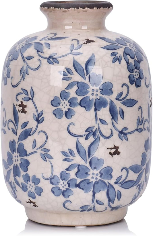 Chinoiserie Vase - 7.9" Tall Chinoiserie Decor Ice Crackle Vintage Blue and White Floral Vase, Farmhouse Country Home Decor, Living Room, Dining Table, Fireplace and Entryway Decor Centerpieces