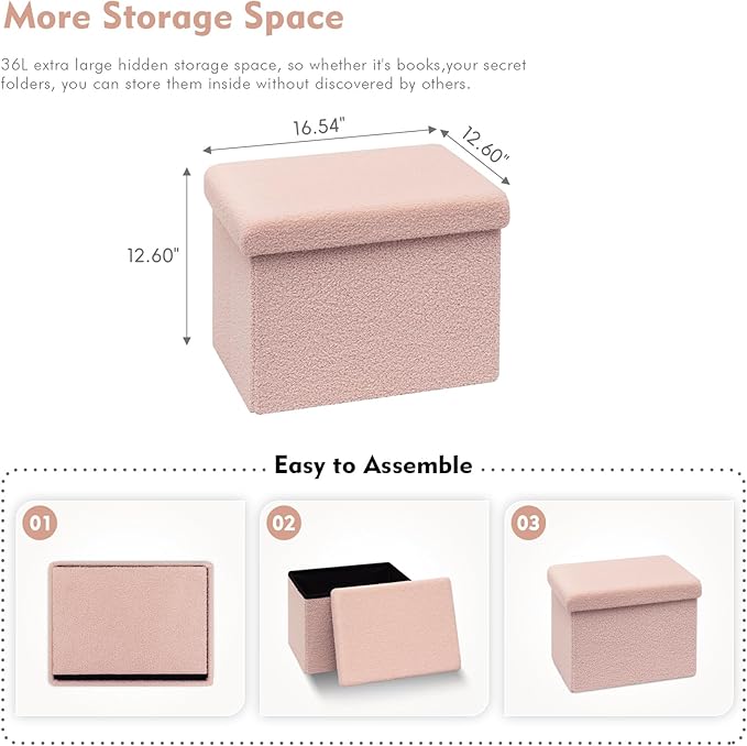 B FSOBEIIALEO Storage Ottoman Cube Small Sherpa Ottoman Foot Rest, Foldable Portable Boucle Ottomans, Faux Teddy Fur, Pink 16.5"x12.6"x12.6"