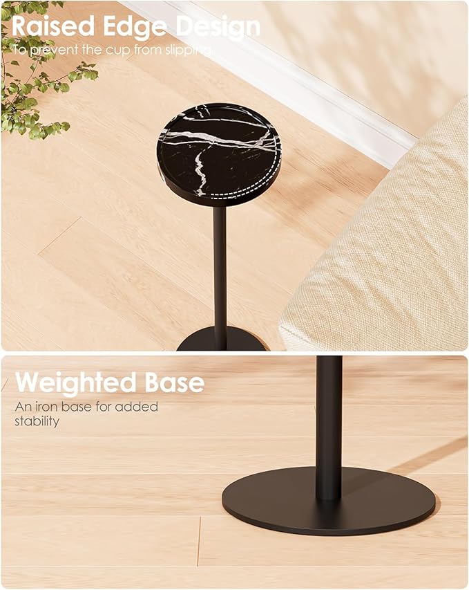 Drink Table, Small Pedestal Side Table, Round Cocktail Table, Circle Accent End Table with Metal Base, for Small Spaces (2, Black Marble)