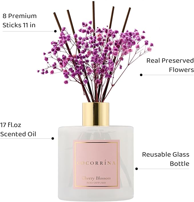 COCORRÍNA Reed Diffuser - Cherry Blossom 17 Fl.oz Reed Diffuser with 8 Sticks Scented Diffuser with Preserved Flowers for Bathroom Home Decor