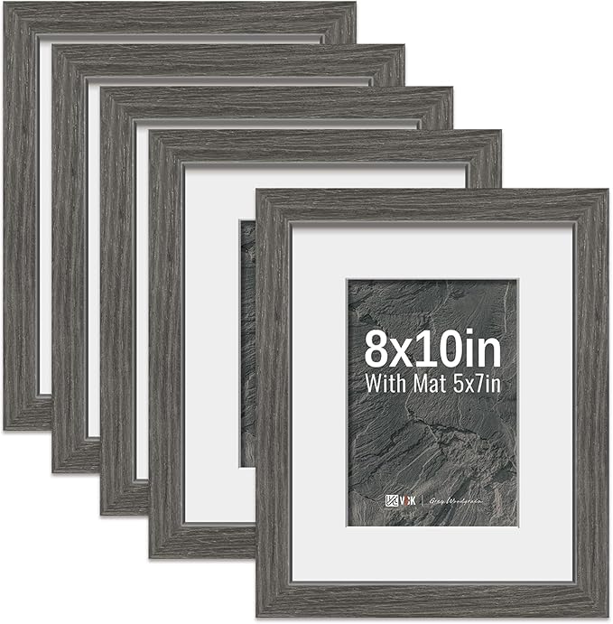 VCK 8x10 Picture Frame 5 Pack - Grey, High-End Wood Poster Frames with Tempered Glass, Display 5x7 Photo with Mat or 8x10 without Mat, Art Gallery-Quality, Wall Hanging/Tabletop, Grey