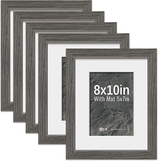 VCK 8x10 Picture Frame 5 Pack - Grey, High-End Wood Poster Frames with Tempered Glass, Display 5x7 Photo with Mat or 8x10 without Mat, Art Gallery-Quality, Wall Hanging/Tabletop, Grey