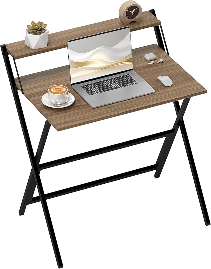 HOMCOM Small Folding Desk, 32 Inch Foldable Computer Desk with Monitor Shelf, Space Saving Portable Writing Table for Small Spaces, Home Office, Study, Easy Assembly, Walnut