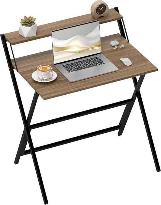 HOMCOM Small Folding Desk, 32 Inch Foldable Computer Desk with Monitor Shelf, Space Saving Portable Writing Table for Small Spaces, Home Office, Study, Easy Assembly, Walnut