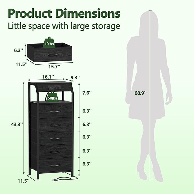 Furnulem 5 Drawers Dresser with Charging Station, Fabric Chest of Drawers with Open Shelf, Tall Night Stand, Bedside Table for Closet, Entryway, Bedroom Furniture, 3 Ways to Use, Black Oak