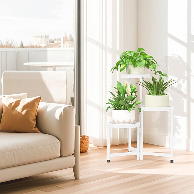 iDavosic.ly 3 Tier Folding Plant Stand Indoor Outdoor with Plastic Tray, Tiered Corner Flower Holder Shelf, Metal Orchid Display Rack for Patio Porch Living Room Garden Balcony, White