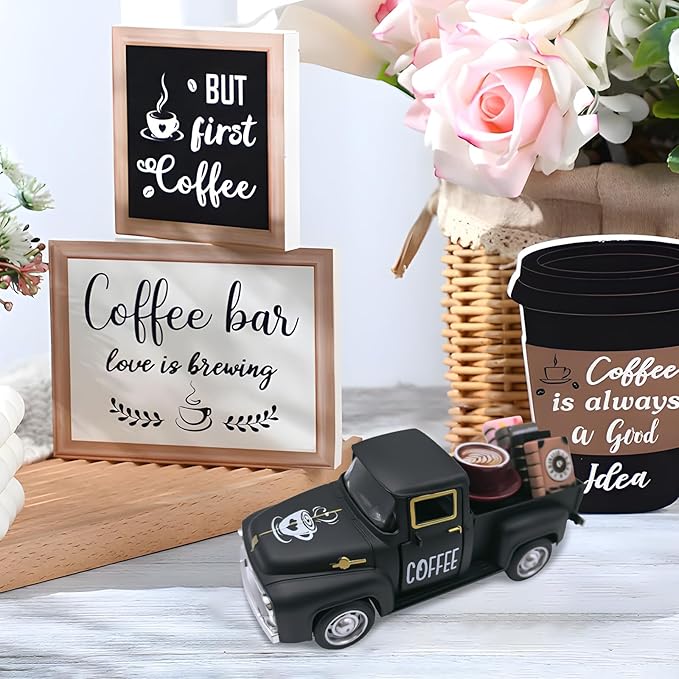 Coffee Decor for Coffee Bar Vintage Metal Truck with Mini Fake Books and Coffee Farmhouse Coffee Station Tabletop Coffee Ghost Sign Halloween Tiered Tray Decor Rustic Coffee Table Centerpiece, Black